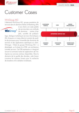 WHITE PAPER: SOA



Customer Cases
WinGroup AG
L’allemand WinGroup AG, groupe prestataire de
services dans le domaine Ventes et Marketing offre
                     à ses clients une vaste palette
                     de services dans une multitude
                     de domaines : centres d’ap-
                     pels, sociétés de publipos-
tage, dialogue marketing et services informatiques.
Afin d’assurer un niveau élevé et constant de quali-
té des processus pour l’ensemble des domaines de
services et des applications spécifiques au client,
WinLogic – filiale du groupe WinGroup AG – a
développé, sur la base d’un ESB, une architecture
orientée services. Cet ESB représente un intergiciel
servant à connecter toutes les applications de l’en-
treprise aux services centraux disponibles. Dans le
domaine de la qualité des données, cette liaison
concerne les solutions Uniserv pour la recherche
de doublons et la validation d’adresses.




© UNISERV GmbH / +33 1 48 63 91 91 / All rights reserved.              Page 8
 
