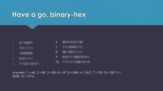 Have a go, binary-hex
1 01100001
2 10111111
3 10000000
4 01011111
5 111001101011
6 001010101100
7 111100001111
8 001100111111
9 0101111000101011
10 1111111100010110
Answers: 1 = 6A, 2 = BF, 3 = 80, 4 = 5F, 5 = E6B, 6 = 2AC, 7 = F0F, 8 = 33F, 9 =
5E2B, 10 = FF16
 