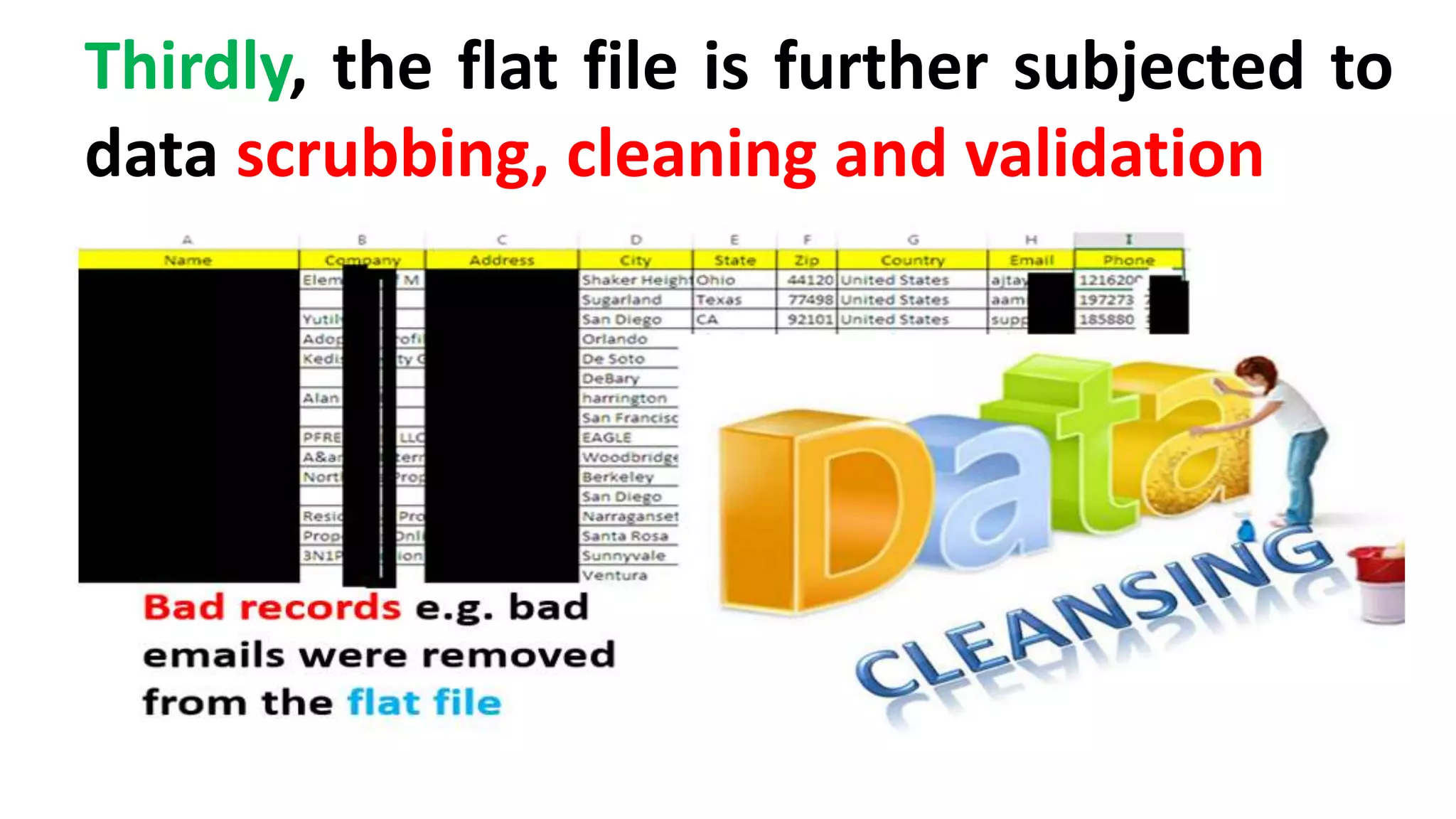 Thirdly, the flat file is further subjected to
data scrubbing, cleaning and validation
 