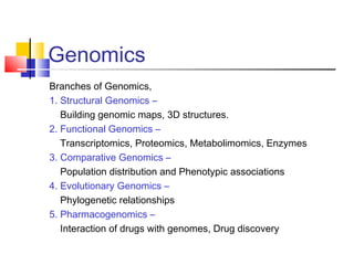 Genomics
Branches of Genomics,
1. Structural Genomics –
Building genomic maps, 3D structures.
2. Functional Genomics –
Transcriptomics, Proteomics, Metabolimomics, Enzymes
3. Comparative Genomics –
Population distribution and Phenotypic associations
4. Evolutionary Genomics –
Phylogenetic relationships
5. Pharmacogenomics –
Interaction of drugs with genomes, Drug discovery
 