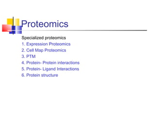 Proteomics
Specialized proteomics
1. Expression Proteomics
2. Cell Map Proteomics
3. PTM
4. Protein- Protein interactions
5. Protein- Ligand Interactions
6. Protein structure
 