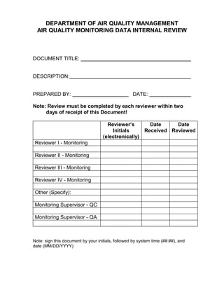 DEPARTMENT OF AIR QUALITY MANAGEMENT
AIR QUALITY MONITORING DATA INTERNAL REVIEW
DOCUMENT TITLE:
DESCRIPTION:
PREPARED BY: DATE:
Note: Review must be completed by each reviewer within two
days of receipt of this Document!
Reviewer’s
Initials
(electronically)
Date
Received
Date
Reviewed
Reviewer I - Monitoring
Reviewer II - Monitoring
Reviewer III - Monitoring
Reviewer IV - Monitoring
Other (Specify):
Monitoring Supervisor - QC
Monitoring Supervisor - QA
Note: sign this document by your initials, followed by system time (##:##), and
date (MM/DD/YYYY)
Q1-2013 AQS DATA
Gaseous and Particulate Data Audit Report
Pravin Pema 7/3/2013
7/3/2013PP-01:31 7/3/2013 7/3/2013
 