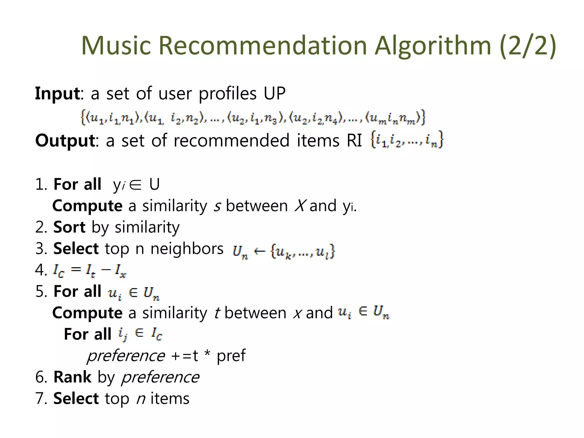 Music Recommendation Algorithm (2/2)
Input: a set of user profiles UP
Output: a set of recommended items RI
1. For all yi ∈ U
Compute a similarity s between X and yi.
2. Sort by similarity
3. Select top n neighbors
4.
5. For all
Compute a similarity t between x and
For all
preference +=t * pref
6. Rank by preference
7. Select top n items
 