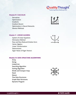 Module VI: DATA STRUCTURE ALGORITHMS
Array
String
Linked List
Searching Algorithm
Sorting Algorithm
Divide and Conquer Acqu
Stack
Queue
Tree Data Structures
Graph Data Structures
Dynamic Program
System of Linear Equations
Elimination Method
Row and Row Reduced Echelon form
Vector Algebra
Linear Transformation
Determinants
Eigen Values of Eigen Vectors
LINEAR ALGEBRA
V
CALCULUS
V
Derivatives
Optimization
Gradients
Gradient Decent
Optimization in Neural Networks
Newton Methods
qualitythought.in
 