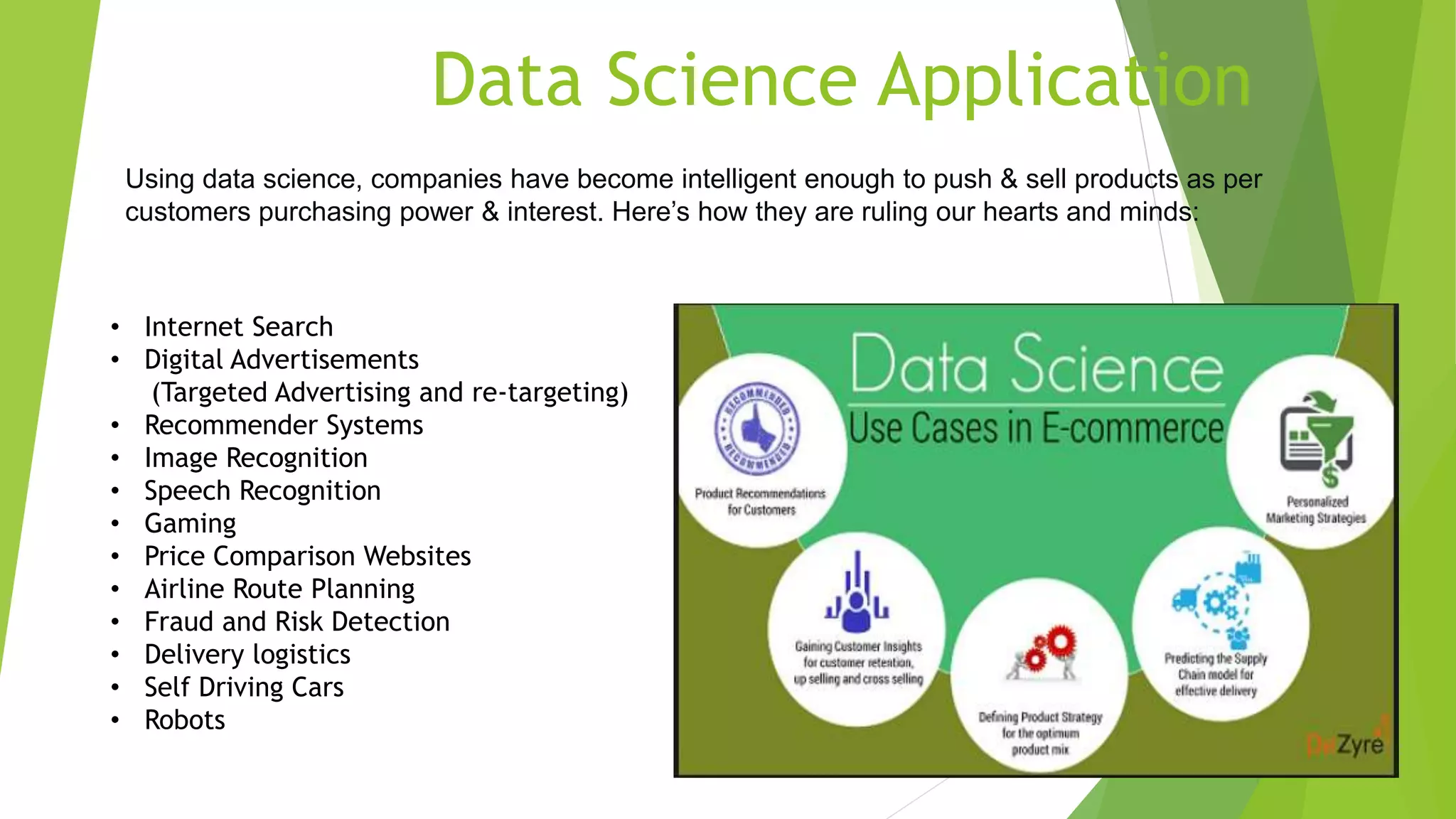 Data Science Application
Using data science, companies have become intelligent enough to push & sell products as per
customers purchasing power & interest. Here’s how they are ruling our hearts and minds:
• Internet Search
• Digital Advertisements
(Targeted Advertising and re-targeting)
• Recommender Systems
• Image Recognition
• Speech Recognition
• Gaming
• Price Comparison Websites
• Airline Route Planning
• Fraud and Risk Detection
• Delivery logistics
• Self Driving Cars
• Robots
 