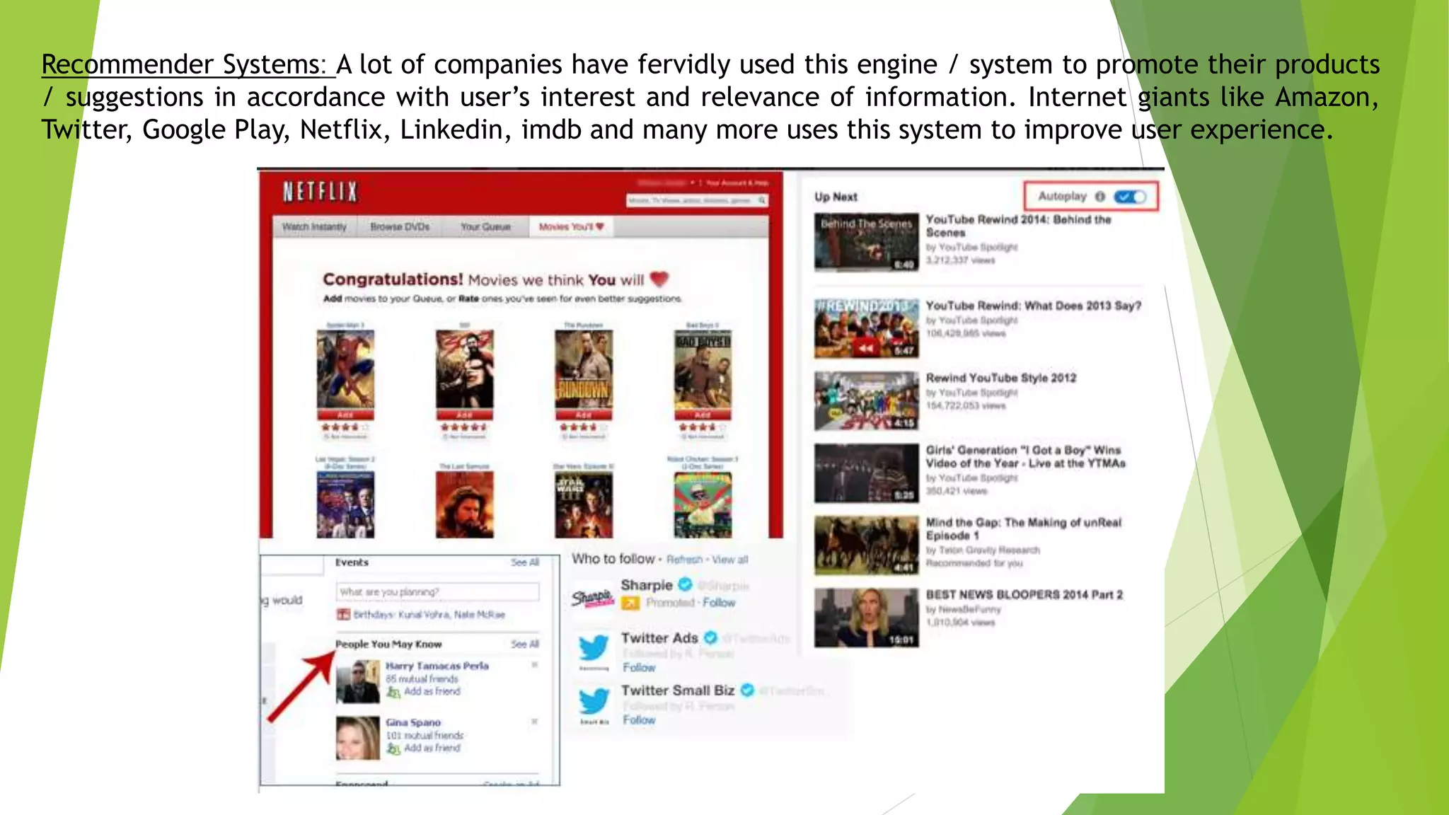 Recommender Systems: A lot of companies have fervidly used this engine / system to promote their products
/ suggestions in accordance with user’s interest and relevance of information. Internet giants like Amazon,
Twitter, Google Play, Netflix, Linkedin, imdb and many more uses this system to improve user experience.
 