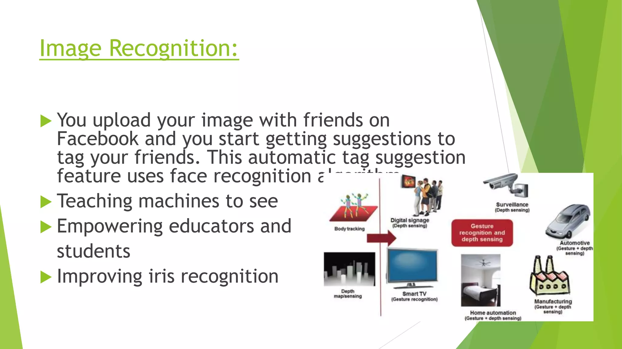 Image Recognition:
 You upload your image with friends on
Facebook and you start getting suggestions to
tag your friends. This automatic tag suggestion
feature uses face recognition algorithm.
 Teaching machines to see
 Empowering educators and
students
 Improving iris recognition
 