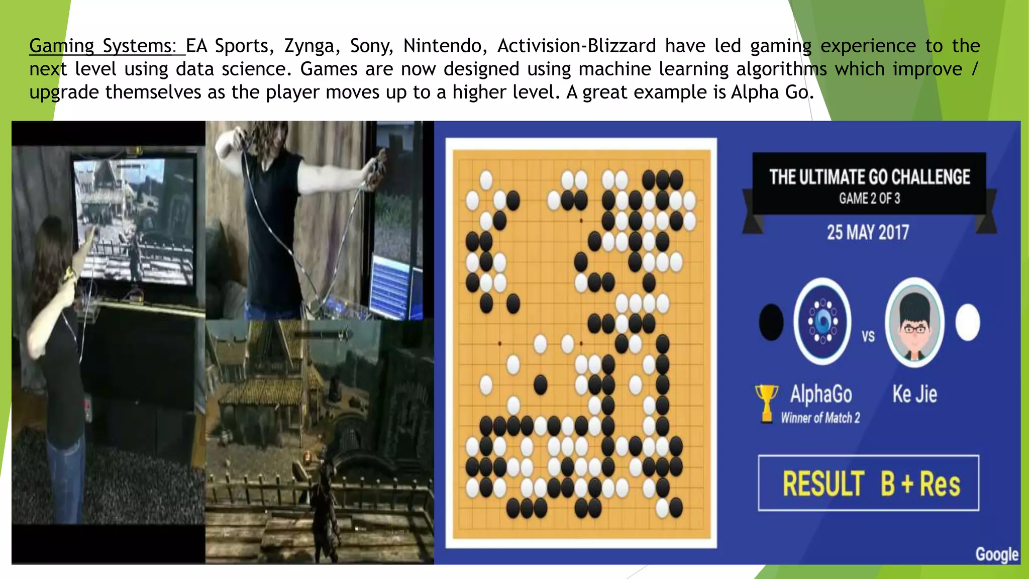 Gaming Systems: EA Sports, Zynga, Sony, Nintendo, Activision-Blizzard have led gaming experience to the
next level using data science. Games are now designed using machine learning algorithms which improve /
upgrade themselves as the player moves up to a higher level. A great example is Alpha Go.
 