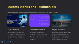 Success Stories and Testimonials
Our program has helped many individuals launch successful data science careers.
Alumni Success
Hear from our alumni who
have thrived in data science
roles at leading companies.
Student Testimonials
Read what our former
students have to say about
their experience in our
program.
Project Outcomes
Explore examples of impactful
projects undertaken by our
students, showcasing their
skills and achievements.
 