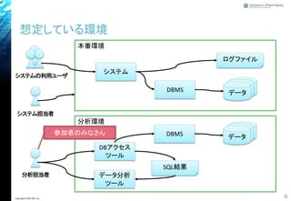 本番環境
分析環境
想定している環境
4Copyright© 2018 GxP, Inc.
システムの利用ユーザ
システム担当者
システム
DBMS データ
ログファイル
分析担当者
DBアクセス
ツール
データ分析
ツール
SQL結果
DBMS データ
参加者のみなさん
 