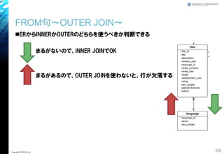 FROM句～OUTER JOIN～
◼ERからINNERかOUTERのどちらを使うべきか判断できる
まるがないので、INNER JOINでOK
まるがあるので、OUTER JOINを使わないと、行が欠落する
50Copyright© 2018 GxP, Inc.
 