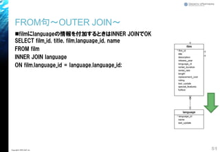 FROM句～OUTER JOIN～
◼filmにlanguageの情報を付加するときはINNER JOINでOK
SELECT film_id, title, film.language_id, name
FROM film
INNER JOIN language
ON film.language_id = language.language_id;
51Copyright© 2018 GxP, Inc.
 