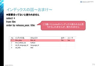 ◼順番合ってないと使われません
select *
from film
order by release_year, title;
インデックスの話～おまけ～
71Copyright© 2018 GxP, Inc.
こう書いたらtitleのインデックス使われると思
うかもしれませんが、使われません
 