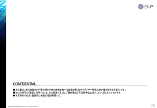 CONFIDENTIAL
●本文書は、株式会社GxPが著作権その他の権利を有する営業秘密（含サプライヤー等第三者が権利を有するもの）です。
●当社の許可なく複製し利用すること、また漏洩することは「著作権法」「不正競争防止法」によって禁じられております。
●本資料内の社名・製品名は各社の登録商標です。
76Copyright© 2018 Growth xPartners, Inc. All rights reserved.
 