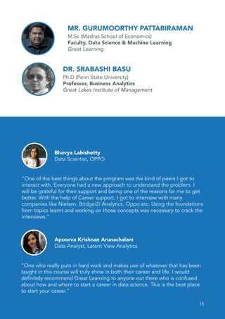 15
MR. GURUMOORTHY PATTABIRAMAN
M.Sc (Madras School of Economics)
Faculty, Data Science & Machine Learning
Great Learning
“One who really puts in hard work and makes use of whatever that has been
taught in this course will truly shine in both their career and life. I would
definitely recommend Great Learning to anyone out there who is confused
about how and where to start a career in data science. This is the best place
to start your career.”
Apoorva Krishnan Arunachalam
Data Analyst, Latent View Analytics
“One of the best things about the program was the kind of peers I got to
interact with. Everyone had a new approach to understand the problem. I
will be grateful for their support and being one of the reasons for me to get
better. With the help of Career support, I got to interview with many
companies like Nielsen, Bridgei2i Analytics, Oppo etc. Using the foundations
from topics learnt and working on those concepts was necessary to crack the
interviews.”
Bhavya Labishetty
Data Scientist, OPPO
DR. SRABASHI BASU
Ph.D (Penn State University)
Professor, Business Analytics
Great Lakes Institute of Management
 