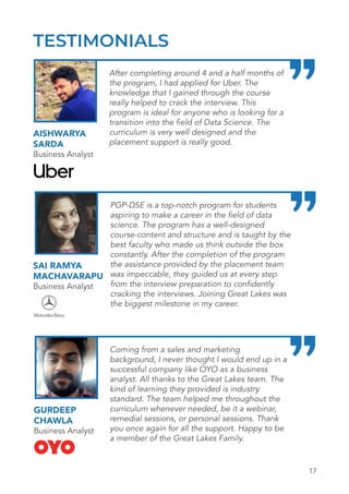 17
TESTIMONIALS
AISHWARYA
SARDA
Business Analyst
After completing around 4 and a half months of
the program, I had applied for Uber. The
knowledge that I gained through the course
really helped to crack the interview. This
program is ideal for anyone who is looking for a
transition into the field of Data Science. The
curriculum is very well designed and the
placement support is really good.
SAI RAMYA
MACHAVARAPU
Business Analyst
PGP-DSE is a top-notch program for students
aspiring to make a career in the field of data
science. The program has a well-designed
course-content and structure and is taught by the
best faculty who made us think outside the box
constantly. After the completion of the program
the assistance provided by the placement team
was impeccable, they guided us at every step
from the interview preparation to confidently
cracking the interviews. Joining Great Lakes was
the biggest milestone in my career.
GURDEEP
CHAWLA
Business Analyst
Coming from a sales and marketing
background, I never thought I would end up in a
successful company like OYO as a business
analyst. All thanks to the Great Lakes team. The
kind of learning they provided is industry
standard. The team helped me throughout the
curriculum whenever needed, be it a webinar,
remedial sessions, or personal sessions. Thank
you once again for all the support. Happy to be
a member of the Great Lakes Family.
 