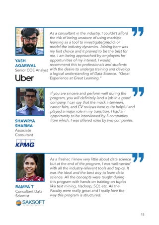 18
TESTIMONIALS
YASH
AGARWAL
Senior COE Analyst
As a consultant in the industry, I couldn't afford
the risk of being unaware of using machine
learning as a tool to investigate/predict or
model the industry dynamics. Joining here was
my first choice and it proved to be the best for
me. I am being approached by employers for
opportunities of my interest. I would
recommend this to professionals and students
with the desire to undergo training and develop
a logical understanding of Data Science. “Great
Experience at Great Learning.”
SHAWRYA
SHARMA
Associate
Consultant
If you are sincere and perform well during the
program, you will definitely land a job in a good
company. I can say that the mock interviews,
career fairs, and CV reviews were quite helpful and
played a major role in my transition. I had an
opportunity to be interviewed by 3 companies
from which, I was offered roles by two companies.
RAMYA T
Consultant Data
Scientist
As a fresher, I knew very little about data science
but at the end of the program, I was well-versed
with all the industry-relevant tools and topics. It
was the ideal and the best way to learn data
science. All the concepts were taught during
this program with hands-on training on topics
like text mining, Hadoop, SQL etc. All the
Faculty were really great and I really love the
way this program is structured.
 