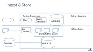 Distributed File System
Ingest & Store
Data Lake
Stream
Processing NoSQL DB
File
Transfer
Runtime Environment
Msg
Online - Streaming
Offline - Batch
NoSQL DB
 
