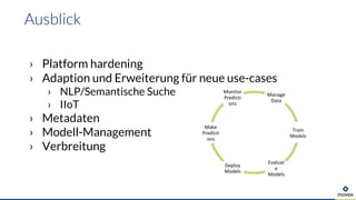 › Platform hardening
› Adaption und Erweiterung für neue use-cases
› NLP/Semantische Suche
› IIoT
› Metadaten
› Modell-Management
› Verbreitung
Ausblick
Manage
Data
Train
Models
Evaluat
e
Models
Deploy
Models
Make
Predicti
ons
Monitor
Predicti
ons
 