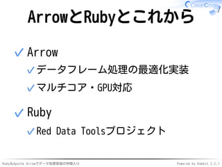 RubyもApache Arrowでデータ処理言語の仲間入り Powered by Rabbit 2.2.1
ArrowとRubyとこれから
Arrow
データフレーム処理の最適化実装✓
マルチコア・GPU対応✓
✓
Ruby
Red Data...