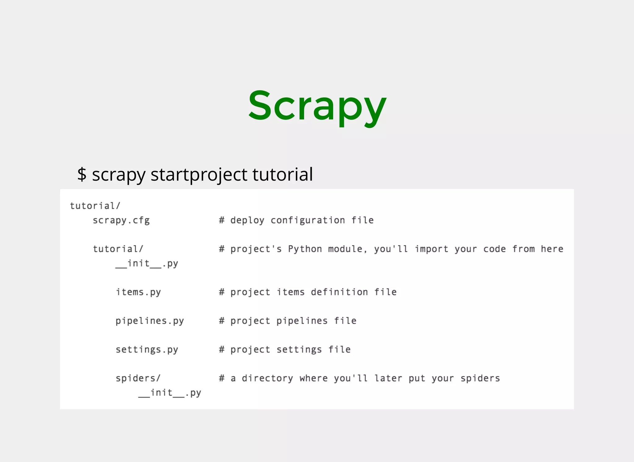 Scrapy
$ scrapy startproject tutorial
 