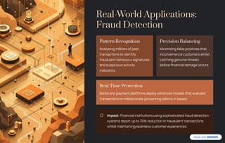 Real-World Applications:
Fraud Detection
Pattern Recognition
Analysing millions of past
transactions to identify
fraudulent behaviour signatures
and suspicious activity
indicators
Precision Balancing
Minimising false positives that
inconvenience customers whilst
catching genuine threats
before financial damage occurs
Real-Time Protection
Banks and payment platforms deploy advanced models that evaluate
transactions in milliseconds, preventing billions in losses
Impact: Financial institutions using sophisticated fraud detection
systems report up to 70% reduction in fraudulent transactions
whilst maintaining seamless customer experiences.
 