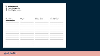 @sd_berlin
Messaging service
Photo-sharing service
Micro-blogging service
What data is
being collected?
Why? What enables? Potential risks?
 