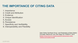 THE IMPORTANCE OF CITING DATA
Data Citation Synthesis Group: Joint Declaration of Data Citation
Principles. Martone M. (ed.) San Diego CA: FORCE11; 2014
[https://www.force11.org/group/joint-declaration-data-
citation-principles-final].
1. Importance
2. Credit and Attribution
3. Evidence
4. Unique Identification
5. Access
6. Persistence
7. Specificity and Verifiability
8. Interoperability and Flexibility
 
