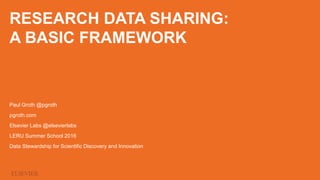 RESEARCH DATA SHARING:
A BASIC FRAMEWORK
Paul Groth @pgroth
pgroth.com
Elsevier Labs @elsevierlabs
LERU Summer School 2016
Data Stewardship for Scientific Discovery and Innovation
 