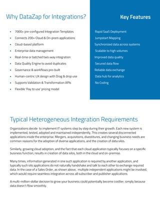 Why DataZap for Integrations?
7000+ pre-configured Integration Templates
Connects 200+ Cloud & On-prem applications
Cloud-based platform
Enterprise data management
Real-time or batched two-way integration
Data Quality Engine to avoid duplicates
Governance & workflows pre-built
Human-centric UX design with Drag & drop use
Supports Validation & Transformation APIs
Flexible ‘Pay to use’ pricing model
Rapid SaaS Deployment
Jumpstart Mapping
Synchronized data across systems
Scalable to high volumes
Improved data quality
Secured data flow
Reliable data exchange
Data hub for analytics
No Coding
Key Features
Typical Heterogeneous Integration Requirements
Organizations decide to implement IT systems step by step during their growth. Each new system is
implemented, tested, adopted and maintained independently. This creates several disconnected
applications inside the enterprise. Mergers, acquisitions, divestitures, and changing business needs are
common reasons for the adoption of diverse applications, and the creation of data silos.
Similarly, growing cloud adoption, and the fact that each cloud application typically focuses on a specific
business function, results in creation of data silos, both in the cloud and on-premise.
Many times, information generated in one such application is required by another application, and
typically such silo applications do not naturally handshake and talk to each other to exchange required
data. In the case of a Sales Order, as shown above, multiple independent applications might be involved,
which would require seamless integration across all subscriber and publisher applications
A multi-million-dollar decision to grow your business could potentially become costlier, simply because
data doesn’t flow smoothly.
 