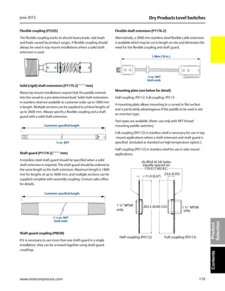 119
Dry Products Level SwitchesJune 2015
www.emersonprocess.com
ContentsProduct
Selection
Flexible coupling (P3335)
The flexible coupling works to absorb heavy loads, side loads
and loads caused by product surges. A flexible coupling should
always be used in top mount installations where a solid shaft
extension is used.
Solid (rigid) shaft extensions (P1175-2/****mm)
Many top mount installations require that the paddle extends
into the vessel to a pre-determined level. Solid shaft extensions
in stainless steel are available to customer order up to 1800 mm
in length. Multiple sections can be supplied to achieve lengths of
up to 3600 mm. Always specify a flexible coupling and a shaft
guard with a solid shaft extension.
Shaft guard (P1174-2/****mm)
A stainless steel shaft guard should be specified when a solid
shaft extension is required. The shaft guard should be ordered as
the same length as the shaft extension. Maximum length is 1800
mm for lengths of up to 3600 mm, and multiple sections can be
supplied complete with assembly coupling. Contact sales office
for details.
Shaft-guard coupling (P0038)
If it is necessary to use more than one shaft-guard in a single
installation, they can be screwed together using shaft-guard
couplings.
Flexible shaft extension (P1176-2)
Alternatively, a 2000 mm stainless steel flexible cable extension
is available which may be cut to length on site and eliminates the
need for the flexible coupling and shaft guard.
Mounting plate (see below for detail)
Half coupling: P0112; Full coupling: P0113
A mounting plate allows mounting to a curved or flat surface
and is particularly advantageous if the paddle to be used is not
an insertion type.
Two types are available: (Note: use only with NPT thread
mounting paddle switches)
Full coupling (P0113) in stainless steel is necessary for use in top
-mount applications where a shaft extension and shaft guard is
specified. (Included as standard on high temperature option.)
Half coupling (P0112) in stainless steel for use in side-mount
applications.
Customer specified length
¼-in. NPT
Customer specified length
1 ¼-in. NPT
both ends
1.98m (78 in.)
¼-in. NPT
both ends
 
