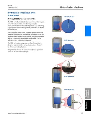 131
Mobrey Product eCatalogue
IP0001
Catalogue 2015
www.emersonprocess.com
ContentsProduct
Selection
Hydrostatic continuous level
transmitter
Mobrey 9700 Series level transmitter
The 9700 Series hydrostatic electronic level transmitter range of
tank volume transmitters from Mobrey provide the
measurement solution where in-tank problems such as foaming,
vapor layers and temperature gradients prohibit the use of other
instrumentation.
The transmitters use a ceramic capacitive pressure sensor that
measures the head of the liquid with an accuracy of ±0.1%. The
sensor is ceramic because of the material’s corrosion resistance
and the transmitter is factory sealed and tested to IP68 for
submersed duty and long-term stability.
The 9700 Series electronic pressure and level transmitter is
designed to perform in the demanding conditions of today's
level measurement applications.
For guidance in choosing the correct product for your application,
please see the table on the next page.
9720C Application
9710C Application
9790C Application
9780C Application
 