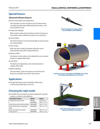 135
Mobrey MSP422, MSP400RH and MSP900GHFebruary 2015
www.emersonprocess.com
ContentsProduct
Selection
Special features
Advanced software features
 Learn routine (false echo registration)
The transmitter can learn to ignore up to four false echoes
caused by the pulse signal reflecting off obstructions, until
the actual level is seen.
 Empty tank mapping
When a tank is empty, the transmitter can learn to ignore up
to four false echoes, without the need for user interaction.
 Present depth
The bottom reference can be automatically set using a known
user-entered depth.
 Set as empty
When the tank is empty, the bottom reference can be
automatically reset to the measured distance.
 Distance offset
The distance to the surface can be adjusted by a user-entered
positive or negative offset value.
 Level offset
The level can be adjusted by a user-entered positive or
negative offset value
 Bottom blanking
The transmitter can be set to ignore an area of the tank
bottom to avoid false echoes from obstructions.
Applications
 Storage tank levels, open channel flow, effluent pits,
reservoir level, buffer tanks, and more
Choosing the right model
 Each MSP Series transmitter has been designed for a specific
purpose, as shown in the table here:
Transmitter Purpose Model Range
Simple level measurement MSP422
MSP400RH
26-ft. (8 m)
36-ft. (11 m)
Level measurement and local relays MSP400RH 36-ft. (11 m)
Level measurement in hazardous
areas
MSP900GH 36-ft. (11 m)
Open channel flow or volume
measurement
MSP400RH
MSP900GH
36-ft. (11 m)
36-ft. (11 m)
Remote Temperature Sensor Option
(For MSP400RH and MSP900GH)
Level Measurement with a Mobrey MSP400RH Transmitter
and a Mobrey MCU900 Series Control Unit
Open Channel Flow Measurement with
a Mobrey MSP900GH Transmitter
 