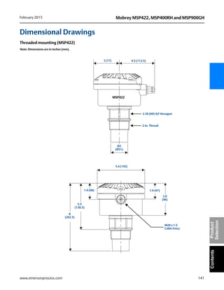 141
Mobrey MSP422, MSP400RH and MSP900GHFebruary 2015
www.emersonprocess.com
ContentsProduct
Selection
Dimensional Drawings
Threaded mounting (MSP422)
Note: Dimensions are in inches (mm).
2-in. Thread
2.36 (60) A/F Hexagon
M20 x 1.5
Cable Entry
MSP422
3 (77)
8
(202.5)
Ø2
(Ø51)
5.6 (142)
1.9 (48) 1.9 (47)
4.5 (113.5)
5.5
(138.5)
3.8
(96)
 