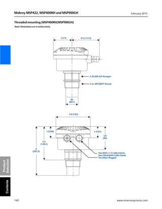142
Mobrey MSP422, MSP400RH and MSP900GH February 2015
www.emersonprocess.com
Product
SelectionContents
Threaded mounting (MSP400RH/MSP900GH)
Note: Dimensions are in inches (mm).
3 (77)
8
(202.5)
Ø2
(Ø51)
2-in. NPT/BSPT Thread
2.36 (60) A/F Hexagon
Two M20 x 1.5 Cable Entries
One Fitted With Cable Gland;
The Other Plugged
5.6 (142)
1.9 (48) 1.9 (47)
4.5 (113.5)
5.5
(138.5)
3.8
(96)
 