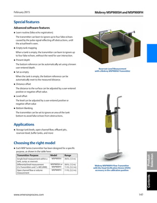 147
Mobrey MSP900SH and MSP900FHFebruary 2015
www.emersonprocess.com
ContentsProduct
Selection
Special features
Advanced software features
 Learn routine (false echo registration)
The transmitter can learn to ignore up to four false echoes
caused by the pulse signal reflecting off obstructions, until
the actual level is seen.
 Empty tank mapping
When a tank is empty, the transmitter can learn to ignore up
to four false echoes, without the need for user interaction.
 Present depth
The bottom reference can be automatically set using a known
user-entered depth.
 Set as empty
When the tank is empty, the bottom reference can be
automatically reset to the measured distance.
 Distance offset
The distance to the surface can be adjusted by a user-entered
positive or negative offset value.
 Level offset
The level can be adjusted by a user-entered positive or
negative offset value
 Bottom blanking
The transmitter can be set to ignore an area of the tank
bottom to avoid false echoes from obstructions.
Applications
 Storage tank levels, open channel flow, effluent pits,
reservoir level, buffer tanks, and more
Choosing the right model
 Each MSP Series transmitter has been designed for a specific
purpose, as shown in the table here:
Transmitter Purpose Model Range
Simple level measurement within a
tank, sump, or reservoir
MSP900SH 39-ft. (12 m)
Differential level measurement
(2 x Transmitters and 1 x MCU900)
MSP900SH or
MSP900FH
39-ft. (12 m)
11-ft. (3,3 m)
Open channel flow or volume
measurement
MSP900FH 11-ft. (3,3 m)
Reservoir Level Measurement
with a Mobrey MSP900SH Transmitter
Mobrey MSP900FH Flow Transmitter
with the Head Verification Device (HVD)
accessory in the calibration position
 
