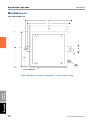 210
Hydrastep and Hydratect August 2015
www.emersonprocess.com
Product
SelectionContents
Hydratect enclosure
Note: Dimensions are in mm.
229
215
196
190
196 190
95
Outline of front panel
Overall depth = 100 mm (case and panel) + 3 mm (bracket) + 4.5 mm (bolt heads and washers)
25
Ø8
M6
Ground
Stud
 