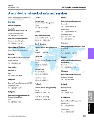 213
Mobrey Product eCatalogue
IP0001
Catalogue 2015
www.emersonprocess.com
ContentsProduct
Selection
ContentsProduct
Selection
ContentsProduct
Selection
A worldwide network of sales and services
Visit us at the Mobrey brand pages on
www.emersonprocess.com
Europe
United Kingdom
Head office
Rosemount Measurement Ltd.
Slough, United Kingdom
Tel: +44 (0) 870 240 1978
Emerson Process Management
Stockport, United Kingdom
Tel: +44 (0) 870 240 1978
Armenia and Moldova
Refer to Switzerland contact on page 214
Austria
Emerson Process Management AG
Wiener Neudorf
Tel: +43 (0) 2236-607
Azerbaijan
Emerson LLC
Baku
Tel: +994 12 498 24 48
Belgium
Emerson Process Management NV/SA
Diegem (Brussels)
Tel: +32 (0) 2716 7711
Bulgaria
Emerson Process Management AG,
Representative Office
Sofia
Tel: +359 2 962 94 20
Croatia
Emerson d.o.o.
Emerson Process Management
Zagreb
Tel : +385 (1) 560 3870
Cyprus
Ward Industries Limited
Northants Office, United Kingdom
Tel: +44 (0) 1933 624963
Czech Republic
Emerson Process Management s.r.o.
Praha
Tel: +420 2 710 35 600
Denmark
Emerson Process Management A/S
Herlev
Tel: +45 (0) 7025 3051
Hans Buch A/S
Albertslund office
Tel: +45 (0) 4368 5000
Skanderborg office
Tel: +45 (0) 8628 1133
Finland
Emerson Process Management Oy
Vantaa
Tel: +358 (0) 201 111 200
Sarlin Oy Ab (Helsinki)
Tel: +358 (0) 105 504 000
France
Emerson Process Management
Bron Cedex
Tel: +33 (0) 4 72 15 98 00
Rungis Cedex
Tel: +33 (0) 1 49 79 73 00
Angouleme Cedex
(c/o Leroy-Somer S.A.)
Tel: +33 5 45 64 45 64
Germany
Emerson Process Management GmbH
& Co. OHG
Haan
Tel: +49 (0) 2129 553-1162
Greece
Emerson Process Management
Romania SRL,
Bucuresti
Tel: +40 (0) 21 206 25 00
Hungary
Emerson Process Management
Budapest, Hungary
Tel: +36 (1) 462 4000
Iceland
Falkinn Limited
Reykjavik
Tel: +354 540 7000
Kazakhstan
Emerson Process Management
Almaty Office
Tel: +7 (727) 2500903
Atyrau Office
Tel: +7 3122 322 831
 