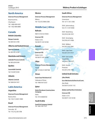 215
Mobrey Product eCatalogue
IP0001
Catalogue 2015
www.emersonprocess.com
ContentsProduct
Selection
ContentsProduct
Selection
ContentsProduct
Selection
North America
Emerson Process Management
Rosemount Inc.
Chanhassen
Tel: 1-800-999-9307
Tel: 1-952-906-8888
Canada
British Columbia
Norpac Controls
Tel: 604-422-3700
Alberta and Saskatchewan
Spartan Controls
Tel: 403-207-0700
Manitoba and Ontario
Lakeside Process Controls
Tel: 905-629-9340
Quebec
Laurentide Controls
Tel: 514-697-9230
Atlantic
Atlantic Controls
Tel: 506-634-7437
Latin America
Argentina
Emerson Process Management
Buenos Aires
Tel: +54 (11) 4837-7000
Brazil
Emerson Process Management
Sorocaba - SP
Tel. +55 (15) 238 3788
Mexico
Emerson Process Management
México
Tel: +52 (55) 5809-5300
Middle East / Africa
Bahrain
Refer to Emerson Dubai:
Emerson FZE
Dubai. U.A.E.
Tel: 00 971 4 8118100
Kuwait
Refer to Emerson Dubai:
Emerson FZE
Dubai. U.A.E.
Tel: 00 971 4 8118100
Libya
Emerson Process Management
Tripoli
Tel: +218 (0) 213407586
Oman
Seven Seas Petroleum LLC
Sultanate of Oman
Tel: +968 24212222
Qatar
Doha Petroleum Constructions
Company
Doha
Tel: +974 44600350
Saudi Arabia
Saudi Fal Company Limited
Tel: +966 3 857 3157
South Africa
Emerson Process Management
Greenstone
Tel: +27 11 451 3700
DLM - Johannesburg
Tel: 27-11-457-0500
DLM - Rustenburg
Tel: (014) 538-1057
DLM - Vereeniging
Tel: (016) 421-4586
DLM - Welkom
Tel: (057) 355-3081
DLM - Cape Town
Tel: (021) 551-0727
DLM - East London
Greenfields
Tel: (043) 736-2227
DLM - Durban
Pinetown
Tel: (031) 705-1966
United Arab Emirates
(Abu Dhabi)
Euro Mechanical & Electrical Contr.
Abu Dhabi
Tel: 00 9712 678 1133
(Dubai and Northern Emirates)
Emerson FZE
Dubai. U.A.E.
Tel: 00 971 4 8118100
 