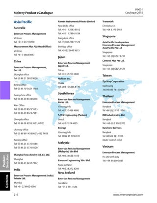 216
Mobrey Product eCatalogue
IP0001
Catalogue 2015
www.emersonprocess.com
Product
SelectionContents
Asia Pacific
Australia
Emerson Process Management
Victoria
Tel: +61 3 9721 0200
Measurement Plus P/L (Head Office)
Victoria
Tel: +61 3 9888 0067
China
Emerson Process Management,
Co. Ltd.
Shanghai office
Tel: 00 86 21 2892 9000
Beijing office
Tel: 00 86 10-5821 1188
Guangzhou office
Tel: 00 86 20 8348 6098
Xian Office
Tel: 00 86 29 8325 5563
Tel: 00 86 29 8323 2981
Chengdu office
Tel: 00 86 28 8293 3601/02/03
Ulumuqi office
Tel: 00 86 991 458 0605/452 7493
Nanjing office
Tel: 00 86 25 5776 8588
Tel: 00 86 25 5776 8500
Shanghai Towa Seiden Ind. Co. Ltd.
Shanghai
Tel: 00 86 21 6232 7972
India
Emerson Process Management (India)
Private Ltd.
Mumbai
Tel: +91 22 6662 0566
Raman Instruments Private Limited
New Delhi office
Tel: +91 11 2683 6912
Tel: +91 11 2864 1034
Bangalore office
Tel: +91 80 2287 1572
Bombay office
Tel: +9122 2643 9615
Japan
Emerson Process Management
Japan Ltd.
Tokyo
Tel: +81 3 5769 6800
Nohken Inc.
Osaka
Tel: 00 816 6386 8149
South Korea
Emerson Process Management
Korea Ltd.
Gyeonggi-do
Tel: +82 2 3438 4600
S-TEK Engineering (Pankor)
Seoul
Tel: +82 2 324 4605
Enersys
Gyeonggi-do
Tel: 0082 31 7396170
Malaysia
Emerson Process Management
(Malaysia) Sdn Bhd
Tel: +60 3 5638-1010
Panaron Engineering Sdn. Bhd.
Kuala Lumpur
Tel: +60 3 6272 8298
New Zealand
Emerson Process Management
Auckland
Tel +64 9 444-1646
Transmark
Christchurch
Tel: +64 3 379 5461
Singapore
Asia Pacific Headquarters
Emerson Process Management
Asia Pacific Pte Ltd
Singapore
Tel: +65 (0) 6777 8211
Controls Plus Pte Ltd.
Singapore
Tel: +65 (0) 6425 5575
Taiwan
Zip Way Corporation
Kaohsiung
Tel: 00 886 7815 8579
Thailand
Emerson Process Management
Bangkok
Tel +66 (0) 2 937 1190
IMI Industries Co. Ltd.
Bangkok
Tel: +66 (0) 2 970 2977
Ranchero Services
Bangkok
Tel: 00 662 381 1915
(Boiler controls only)
Vietnam
Emerson Process Management
Ho Chi Minh City
Tel: +84 8 6290 3031
 