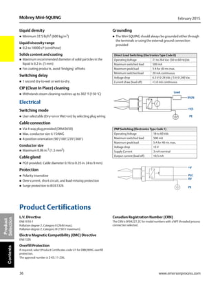 36
Mobrey Mini-SQUING February 2015
www.emersonprocess.com
Product
SelectionContents
Liquid density
 Minimum 37.5 lb/ft3
(600 kg/m3
)
Liquid viscosity range
 0.2 to 10000 cP (centiPoise)
Solids content and coating
 Maximum recommended diameter of solid particles in the
liquid is 0.2 in. (5 mm)
 For coating products, avoid ‘bridging’ of forks
Switching delay
 1 second dry-to-wet or wet-to-dry
CIP (Clean In Place) cleaning
 Withstands steam cleaning routines up to 302 °F (150 °C)
Electrical
Switching mode
 User selectable (Dry=on or Wet=on) by selecting plug wiring
Cable connection
 Via 4-way plug provided (DIN43650)
 Max. conductor size is 15AWG
 4-position orientation (90°/180°/270°/360°)
Conductor size
 Maximum 0.06 in.2
(1,5 mm2
)
Cable gland
 PG9 provided. Cable diameter 0.16 to 0.35 in. (4 to 9 mm)
Protection
 Polarity insensitive
 Over-current, short circuit, and load-missing protection
 Surge protection to IEC61326
Grounding
 The Mini-SQUING should always be grounded either through
the terminals or using the external ground connection
provided
Product Certifications
L.V. Directive
EN61010-1
Pollution degree 2, Category II (264V max),
Pollution degree 2, Category III (150 V maximum)
Electro Magnetic Compatibility (EMC) Directive
EN61326
Overfill Protection
If required, select Product Certificates code U1 for DIBt/WHG overfill
protection.
The approval number is Z-65.11-236.
Canadian Registration Number (CRN)
The CRN is 0F04227.2C for model numbers with a NPT threaded process
connection selected.
Direct Load Switching (Electronics Type Code 0)
Operating Voltage 21 to 264 Vac (50 to 60 Hz)/dc
Maximum switched load 500 mA
Maximum peak load 5 A for 40 ms max.
Minimum switched load 20 mA continuous
Voltage drop 6.5 V @ 24 Vdc / 5 V @ 240 Vac
Current draw (load off) <3.0 mA continuous
PNP Switching (Electronics Type Code 1)
Operating Voltage 18 to 60 Vdc
Maximum switched load 500 mA
Maximum peak load 5 A for 40 ms max.
Voltage drop <3 V
Supply Current 3 mA nominal
Output current (load off) <0.5 mA
Load
0V/N
+V/L
PE
+V
PLC
0V
PE
 