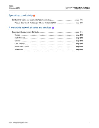 3
Mobrey Product eCatalogue
www.emersonprocess.com
IP0001
Catalogue 2015
Specialized conductivity
Conductivity water and steam interface monitoring . . . . . . . . . . . . . . . . . . . . . . . . . . . page 198
Product Data Sheet: Hydrastep 2468 and Hydratect 2462 . . . . . . . . . . . . . . . . . . . . . page 200
A worldwide network of sales and services
Rosemount Measurement Contacts . . . . . . . . . . . . . . . . . . . . . . . . . . . . . . . . . . . . . . . . page 213
Europe . . . . . . . . . . . . . . . . . . . . . . . . . . . . . . . . . . . . . . . . . . . . . . . . . . . . . . . . . . . . . page 213
North America. . . . . . . . . . . . . . . . . . . . . . . . . . . . . . . . . . . . . . . . . . . . . . . . . . . . . . . . page 215
Canada . . . . . . . . . . . . . . . . . . . . . . . . . . . . . . . . . . . . . . . . . . . . . . . . . . . . . . . . . . . . . page 215
Latin America . . . . . . . . . . . . . . . . . . . . . . . . . . . . . . . . . . . . . . . . . . . . . . . . . . . . . . . . page 215
Middle East / Africa. . . . . . . . . . . . . . . . . . . . . . . . . . . . . . . . . . . . . . . . . . . . . . . . . . . . page 215
Asia Pacific . . . . . . . . . . . . . . . . . . . . . . . . . . . . . . . . . . . . . . . . . . . . . . . . . . . . . . . . . . page 216
 