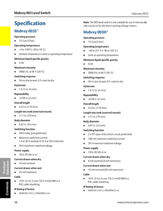 48
Mobrey 003 Level Switch February 2015
www.emersonprocess.com
Product
SelectionContents
Specification
Mobrey 003S*
Operating pressure
 72.5 psi (5 bar)
Operating temperature
 –4 to 158°F (–20 to 70 °C)
 Ambient temperature is same as operating temperature
Minimum liquid specific gravity
 0.50
Maximum viscosity
 5000 cSt. at 68 °F (20 °C)
Switching response
 50 ms dry-to-wet; 0.5 s wet-to-dry
Hysteresis
 < 0.12 in. (4 mm)
Repeatability
 ±0.08 in. (2 mm)
Overall length
 4.33 in. (110 mm)
Length into tank (external mount)
 3.11 in. (79 mm)
Body diameter
 0.87 in. (22 mm)
Switching function
 SPCO relay (energized wet)
 Maximum switched current:
1 A at 30 V residual; 0.25 A at 30 V inductive
 30 V maximum switched voltage
Power supply
 18 to 30 Vdc or ac
Current drawn when dry
 10 mA nominal
Current drawn when wet
 25 mA maximum
Cable
 10 ft. (3 m); 5-core 7/0.2 mm(0.008 in.),
PVC cable sheathing
IP Rating of Sensor
 NEMA 6P (10 ft.) / IP66/IP68 (3 m)
Note: The 003 level switch is not suitable for use in intrinsically
safe circuits or for the direct starting of large motors.
Mobrey 003H*
Operating pressure
 72.5 psi (5 bar)
Operating temperature
 –40 to 221 °F (–40 to 105 °C)
 Same as operating temperature
Minimum liquid specific gravity
 0.50
Maximum viscosity
 5000 cSt. at 68 °F (20 °C)
Switching response
 50 ms dry-to-wet; 0.5 s wet-to-dry
Hysteresis
 < 0.12 in. (4 mm)
Repeatability
 ±0.08 in. (2 mm)
Overall length
 4.33 in. (110 mm)
Length into tank (external mount)
 3.11 in. (79 mm)
Body diameter
 0.87 in. (22 mm)
Switching function
 2 x FET open drain (short-circuit protected)
 100 mA maximum switched current
 30 V maximum switched voltage
Power supply
 18 to 30 Vdc or ac
Current drawn when dry
 8 mA nominal (4 mA minimum)
Current drawn when wet
 16 mA nominal (20 mA maximum)
Cable
 10 ft. (3 m); 5-core 7/0.2 mm(0.008 in.),
PVC cable sheathing
IP Rating of Sensor
 NEMA 6P (10 ft.) / IP66/IP68 (3 m)
 