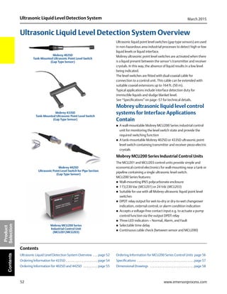 52
Ultrasonic Liquid Level Detection System March 2015
www.emersonprocess.com
Product
SelectionContents
Ultrasonic Liquid Level Detection System Overview
Ultrasonic liquid point level switches (gap type sensors) are used
in non-hazardous area industrial processes to detect high or low
liquid levels or liquid interface.
Mobrey ultrasonic point level switches are activated when there
is a liquid present between the sensor’s transmitter and receiver
crystals. In this way, the absence of liquid results in a low level
being indicated.
The level switches are fitted with dual-coaxial cable for
connection to a control unit. This cable can be extended with
suitable coaxial extensions up to 164 ft. (50 m).
Typical applications include interface detection duty for
immiscible liquids and sludge blanket level.
See “Specifications” on page -57 for technical details.
Mobrey ultrasonic liquid level control
systems for Interface Applications
Contain
 A wall-mountable Mobrey MCU200 Series industrial control
unit for monitoring the level switch state and provide the
required switching function
 A tank-mountable Mobrey 402SD or 433SD ultrasonic point
level switch containing transmitter and receiver piezo-electric
crystals
Mobrey MCU200 Series Industrial Control Units
The MCU201 and MCU203 control units provide simple and
economical control electronics for wall-mounting near a tank or
pipeline containing a single ultrasonic level switch.
MCU200 Series features:
 Wall-mounting IP65 polycarbonate enclosure
 115/230 Vac (MCU201) or 24 Vdc (MCU203)
 Suitable for use with all Mobrey ultrasonic liquid point level
switches
 DPDT relay output for wet-to-dry or dry-to-wet changeover
indication, external control, or alarm condition indication
 Accepts a voltage-free contact input e.g. to actuate a pump
control function via the output DPDT relay
 Three LED indicators – Normal, Alarm, and Fault
 Selectable time delay
 Continuous cable check (between sensor and MCU200)
Contents
Ultrasonic Liquid Level Detection System Overview . . . page 52
Ordering Information for 433SD . . . . . . . . . . . . . . . . . . . . page 54
Ordering Information for 402SD and 442SD . . . . . . . . . page 55
Ordering Information for MCU200 Series Control Units page 56
Specifications . . . . . . . . . . . . . . . . . . . . . . . . . . . . . . . . . . . . page 57
Dimensional Drawings . . . . . . . . . . . . . . . . . . . . . . . . . . . . page 58
Mobrey 402SD
Tank-Mounted Ultrasonic Point Level Switch
(Gap Type Sensor)
Mobrey 433SD
Tank-Mounted Ultrasonic Point Level Switch
(Gap Type Sensor)
Mobrey MCU200 Series
Industrial Control Unit
(MCU201/MCU203)
Mobrey 442SD
Ultrasonic Point Level Switch for Pipe Section
(Gap Type Sensor)
 