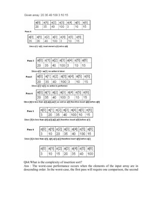 Q64.What is the complexity of insertion sort?
Ans : The worst-case performance occurs when the elements of the input array are in
descending order. In the worst-case, the first pass will require one comparison, the second
 