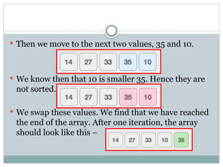  Then we move to the next two values, 35 and 10.
 We know then that 10 is smaller 35. Hence they are
not sorted.
 We swap these values. We find that we have reached
the end of the array. After one iteration, the array
should look like this −
 