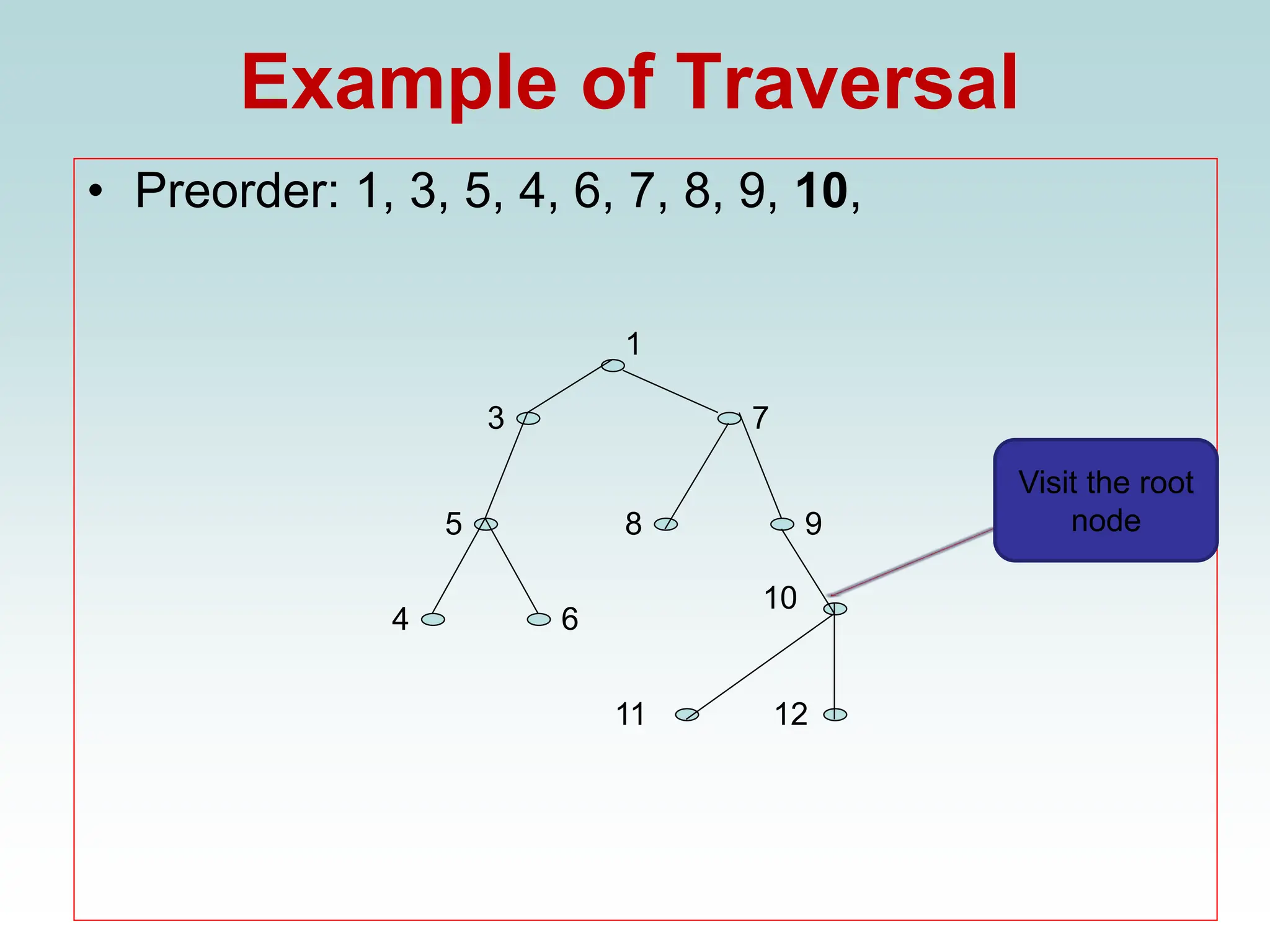 Example of Traversal
• Preorder: 1, 3, 5, 4, 6, 7, 8, 9, 10,
1
3
11
9
8
4 6
5
7
12
10
Visit the root
node
 