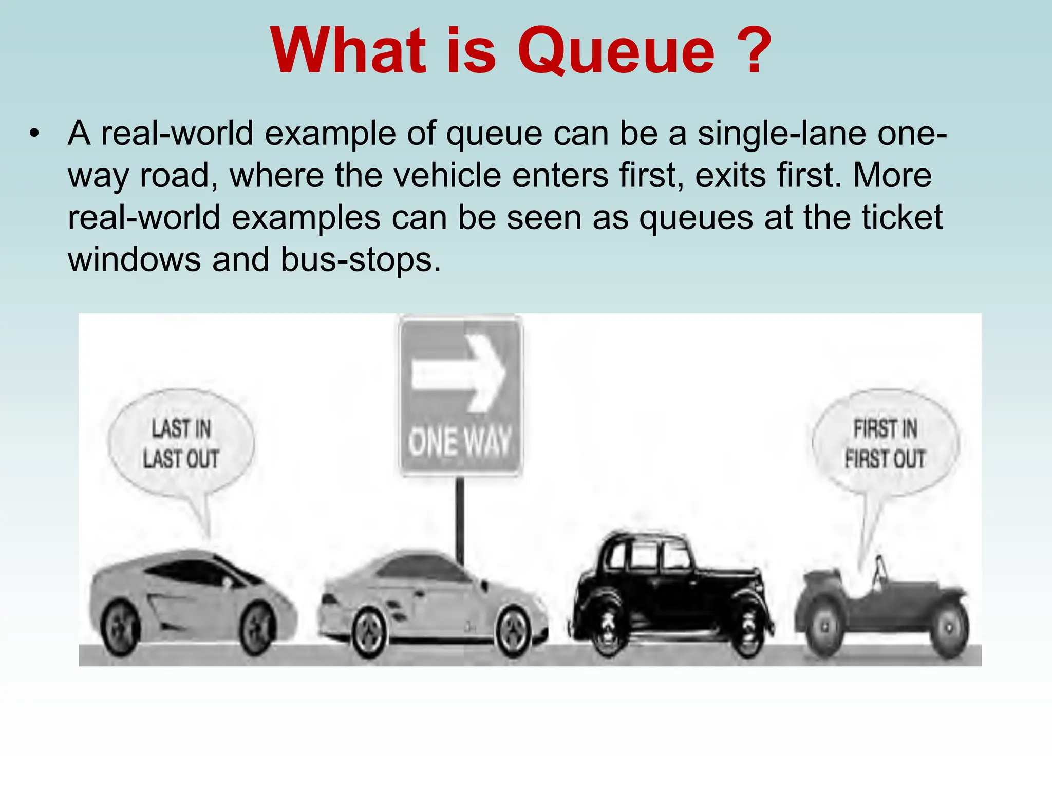 What is Queue ?
• A real-world example of queue can be a single-lane one-
way road, where the vehicle enters first, exits first. More
real-world examples can be seen as queues at the ticket
windows and bus-stops.
 