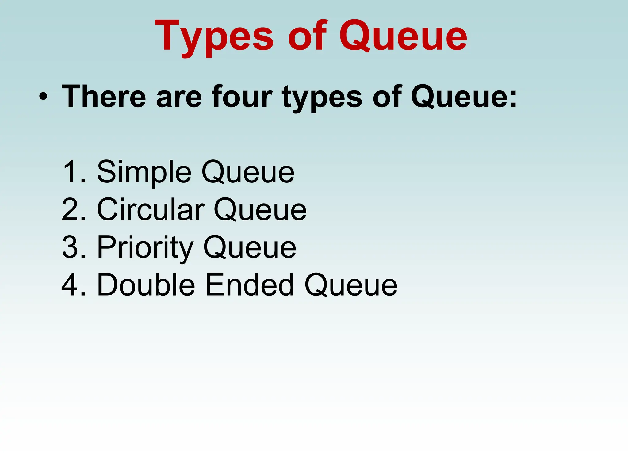 Types of Queue
• There are four types of Queue:
1. Simple Queue
2. Circular Queue
3. Priority Queue
4. Double Ended Queue
 