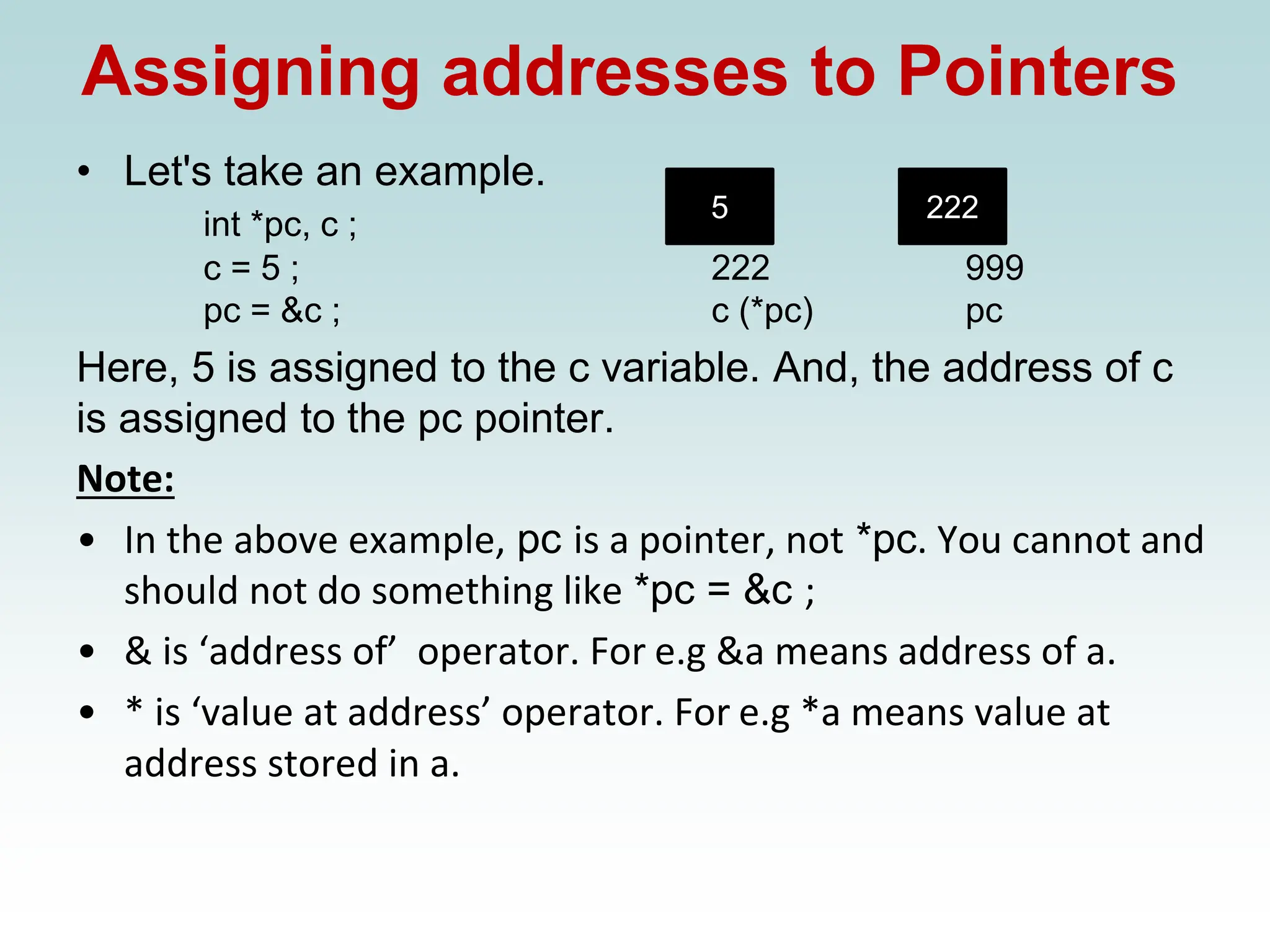 Assigning addresses to Pointers
• Let's take an example.
int *pc, c ;
c = 5 ; 222 999
pc = &c ; c (*pc) pc
Here, 5 is assigned to the c variable. And, the address of c
is assigned to the pc pointer.
Note:
• In the above example, pc is a pointer, not *pc. You cannot and
should not do something like *pc = &c ;
• & is ‘address of’ operator. For e.g &a means address of a.
• * is ‘value at address’ operator. For e.g *a means value at
address stored in a.
5 222
 